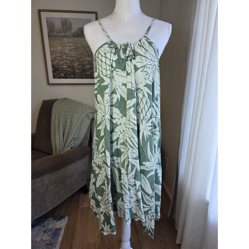 Puanani Women's Size Large Dress Green Floral Hawaiian Sleeveless Cotton Mumuu